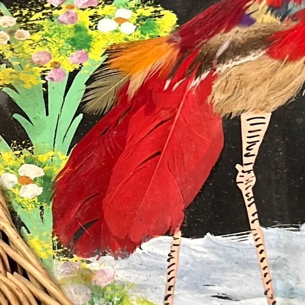 Vintage Mexico Bird Feather Folk Art Painted Wicker Basket Wall Decor 12